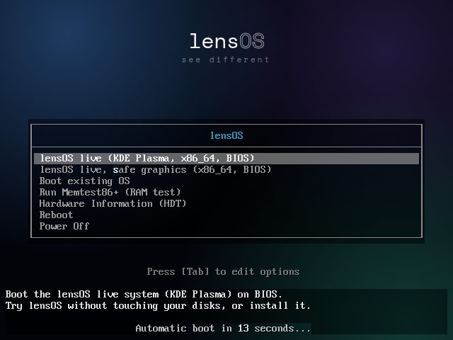 the lensOS boot menu on a BIOS machine