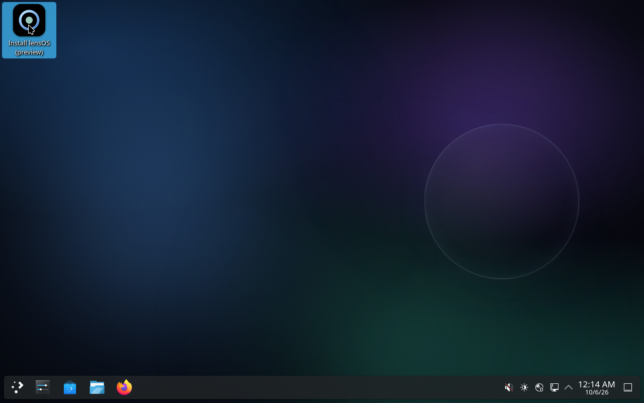 the lensOS live desktop: KDE Plasma with the lensOS wallpaper