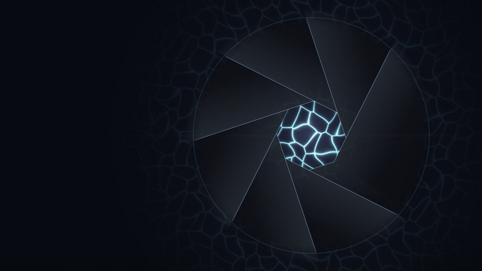 the lensOS aperture wallpaper: a glass iris with caustic light through the opening