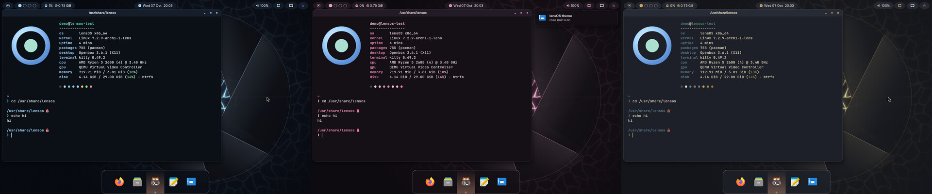 the same desktop in the lensos, rose noir and snowy themes